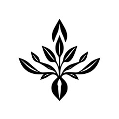 A symmetrical, stylized black and white floral design featuring leaves and a central seed-like element, conveying elegance.