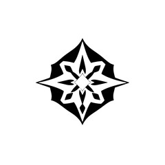 Abstract Black and White Symmetric Floral Starburst Design on Isolated White Background, Intricate Geometric Form