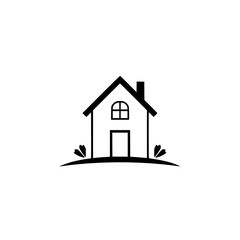 Minimalist Black and White House Icon on White Background: Home, Door, Window, Chimney, Lawn, and Decorative Floral Accents.