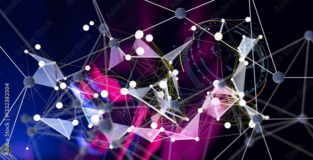 Poster Neural network 3D illustration. Big data and cybersecurity