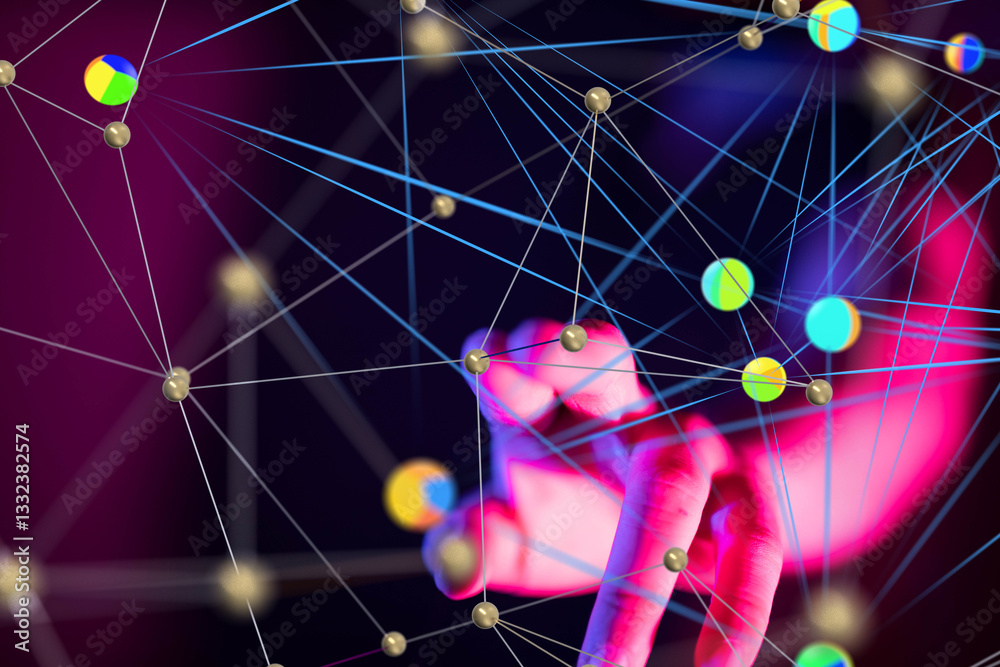 Poster Global network. Blockchain. 3D illustration. Neural networks and artificial intelligence. Abstract