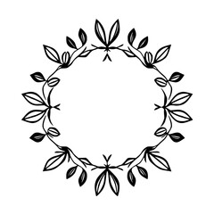 A symmetrical black and white floral wreath design featuring stylized leaves and branches, creating a decorative circular frame.