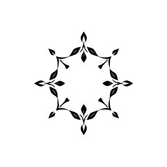 Black floral star-shaped decorative design, leaves and stems arranged in a symmetrical circular pattern on a white background.