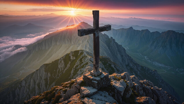 Croce cristiana sulla cima di una montagna illuminata dalla luce del sole al tramonto