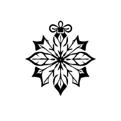 Intricate Black and White Floral Snowflake Ornament, symmetrical design with leaves, elegant minimalist aesthetic, and bow detail.