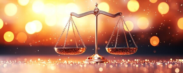 AI Ethics Governance concept. Elegant Justice Scale on Sparkling Background with Warm Glow