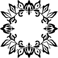 Intricate Black and White Floral Wreath Design, Ornamental Arrangement, Symmetrical Composition, Leafy Patterns.