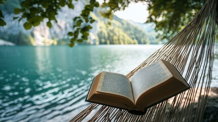 Tranquil Lakeside Hammock Relaxation with Open Book