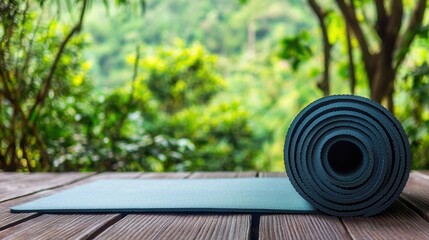 Rolled Yoga Mat on Wooden Deck Green Nature Background