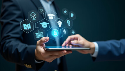 Hand typing on holographic MBA education device showing graduation cap target light bulb teamwork books icons in empty space concept as Hand types on holographic MBA education device displaying gradua