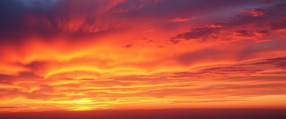 Obraz premium Fiery orange and purple clouds blaze across a vast, vibrant sunset sky, calm, dusk