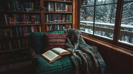 Cozy reading nook with book blanket and winter window view