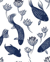 Naklejka premium Captivating seamless pattern featuring stylized koi fish swimming among lotus flowers in a tranquil water scene