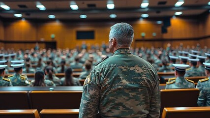 Military personnel gathering for an important briefing in a large auditorium setting