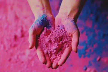 A close-up shot of hands filled with colorful Holi powders, ready to throw, vibrant background, festival vibes