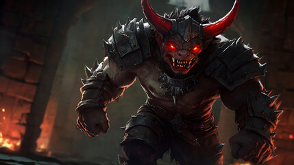 Fototapeta premium Menacing Armored Demon With Glowing Red Eyes and Horns in a Dark Stone Dungeon with Firelight