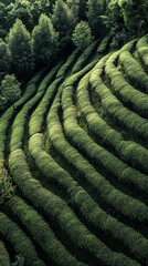 Aerial view of lush green tea plantation, showcasing neatly arranged rows on hillside, symbolizing nature, growth, and tranquility