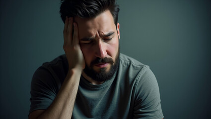 Fototapeta premium Flat Illustration of Unhappy Man Facing Depression, Loneliness, and Anxiety: A Visual Guide to Mental Health Care