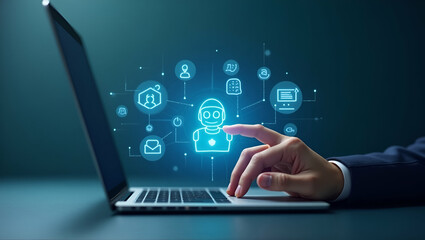 Engaging with Holographic AI Chatbot: A Flat Hand Interface on Laptop Showcasing Smart Assistant Technology Icons for Intelligent Assistance and E-Learning Solutions