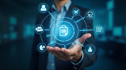 Hand Reviewing Holographic Audit Document with Regulation Evaluation and Quality Assurance Icons in Empty Space - Stock Photo Concept for Compliance and Quality Management