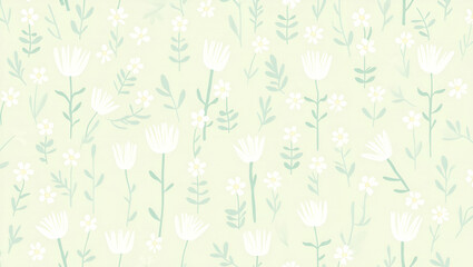 Scandinavian Botanical Seamless Tile Pattern: Simple Daisies & Tulips in Soft Green for Minimalist Homes