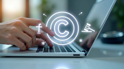 Flat Hand Holding Holographic Copyright Symbol on Laptop with Legal Icons and Magnifying Glass