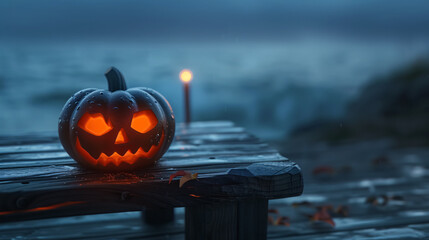 One spooky Halloween pumpkin, Jack-o'-lantern, with an evil face and eyes on a wooden bench or table with a misty gray coastal night background. Space for product placement.