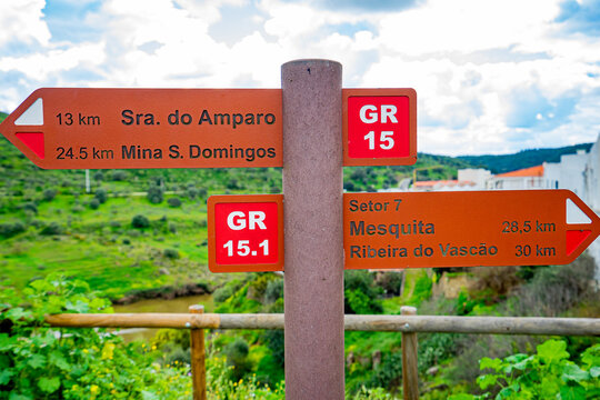 Direction sign GR15,GR15. 1. Direction sign GR15, Sao Domingos mine, Sra do Amparo, Mesquira, Ribeiro do Vasc&atilde;o, Sines cut, Serpa