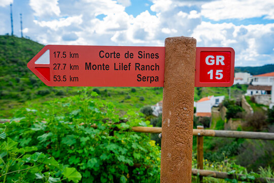Direction sign GR15,GR15. 1. Direction sign GR15, Sao Domingos mine, Sra do Amparo, Mesquira, Ribeiro do Vasc&atilde;o, Sines cut, Serpa