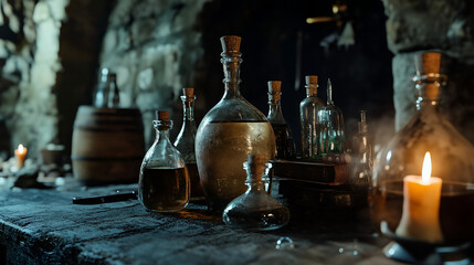 Collection of Vintage Bottles and Candles in a Dark Room