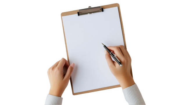 a woman's hands holding a pen and writing on a blank clipboard with white paper, isolated on a white background