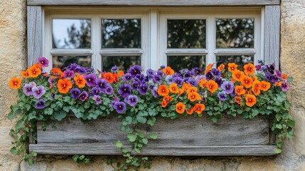 Fototapeta premium Colorful flowers overflowing a window box