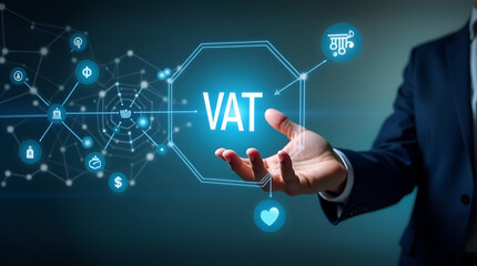 Fototapeta premium Flat Hand Operating Holographic Device to Explain VAT Rules in Europe: A Cute Vector Illustration Emphasizing Regional Compliance in Business
