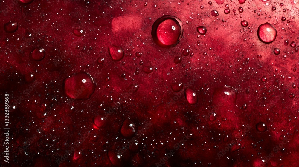 Poster glistening droplets of water rest on a deep red surface, creating a mesmerizing texture that showcas