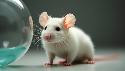 Fototapeta premium Small white mouse inside glass tube looking curiously with whiskers and large ears concept as Small white mouse inside glass tube looking curiously with whiskers and large ears in Photo Stock Concep