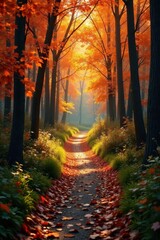 Obraz premium Narrow trail winds through vibrant autumn woods, enchanted, season