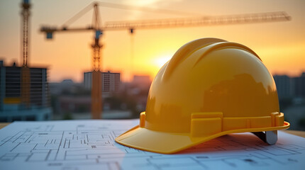 Yellow Hard Hat on Blueprints with Crane at Sunset: A Symbol of Safety and Progress in Construction
