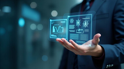 Hand Reviewing Holographic Audit Document with Regulation Evaluation and Quality Assurance Icons in Empty Space - Stock Photo Concept for Compliance and Quality Control