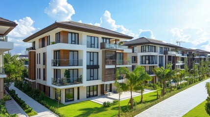 Obraz premium Modern flats are beautifully designed, surrounded by lush greenery and palm trees. The architecture showcases a stunning blend of elegance and comfort