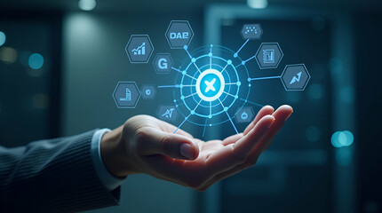 Fototapeta premium Hand Holding Holographic Incident Management Device for Risk Assessment & Problem Resolution Icons