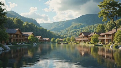 Fototapeta premium Conceptual representation of a harmonious lakeside community with nature
