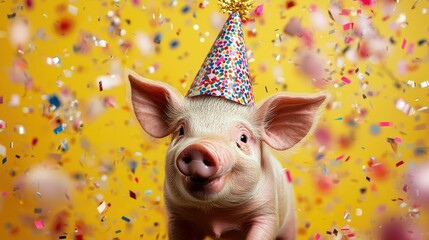 A cute pig wearing a festive party hat, celebrating National Pig Day with confetti flying.