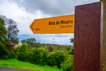 Sign indicating the start 200 meters from the pedestrian route of the miner s route of the São Domingos mines