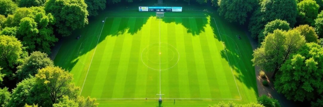 Aerial shot of vibrant green sports field,sunlit, above, field