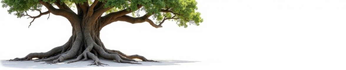 Ancient tree, roots sprawling, stark white backdrop, abstract, silhouette, old