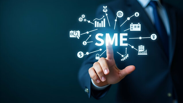 Flat Hand pointing at holographic SME business growth icons with various business related symbols representing growth strategy success of small and medium sized enterprises in empty space concept as H