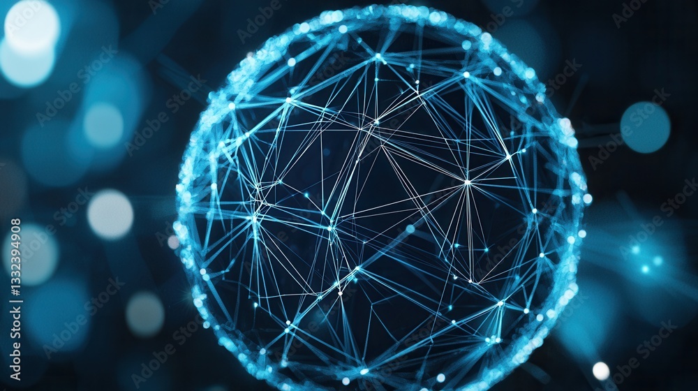Poster futuristic digital wireframe sphere with an intricate network of glowing lines and luminous points r