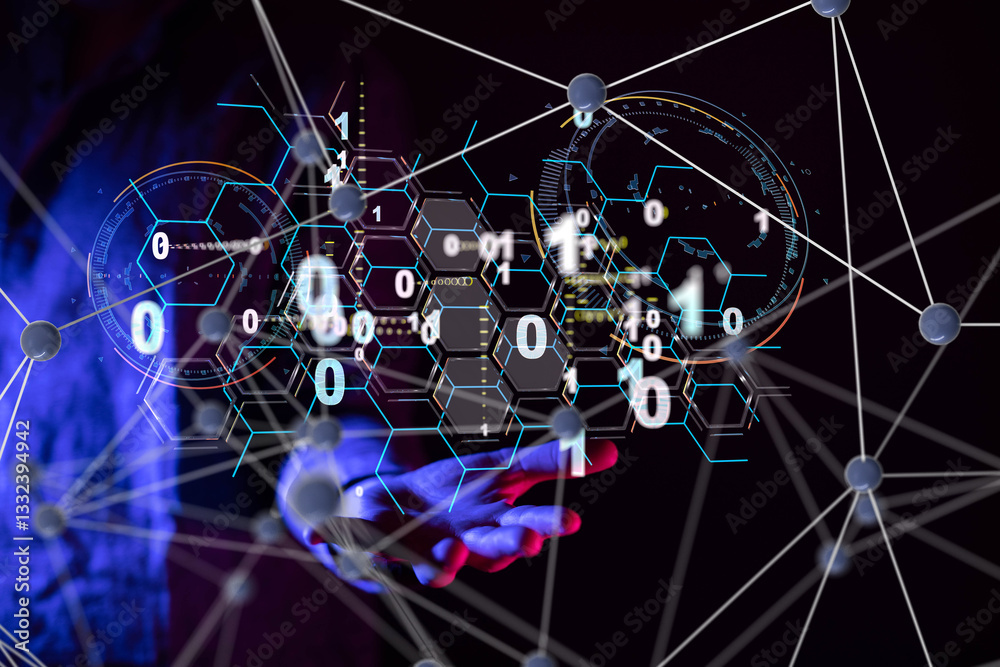 Poster Neural network 3D illustration. Big data and cybersecurity