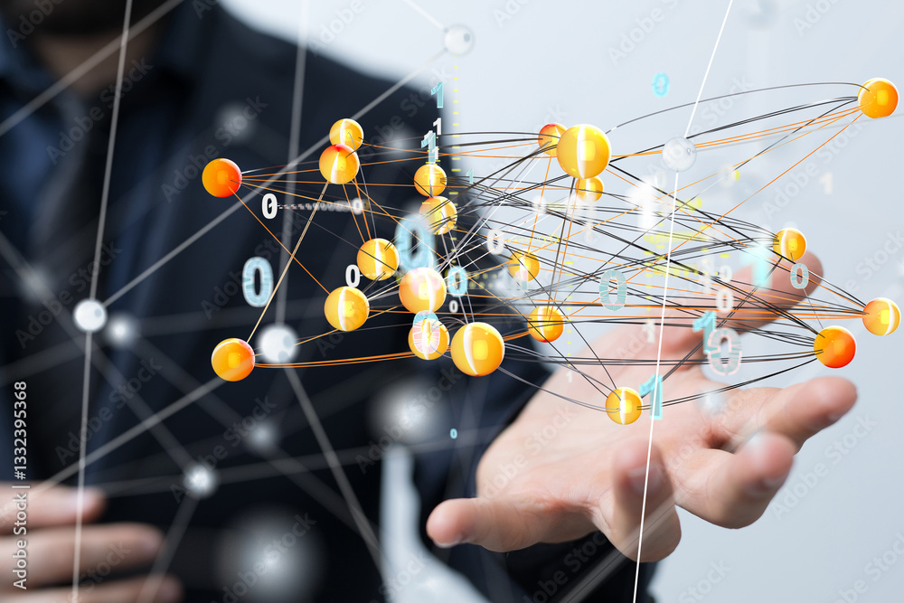 Poster Global network. Blockchain. 3D illustration. Neural networks and artificial intelligence. Abstract  3d