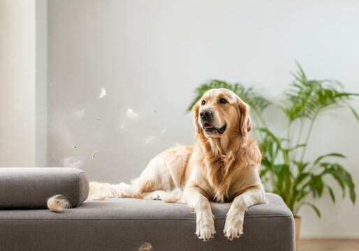 Golden retriever dog shedding hair on sofa causing allergy at home